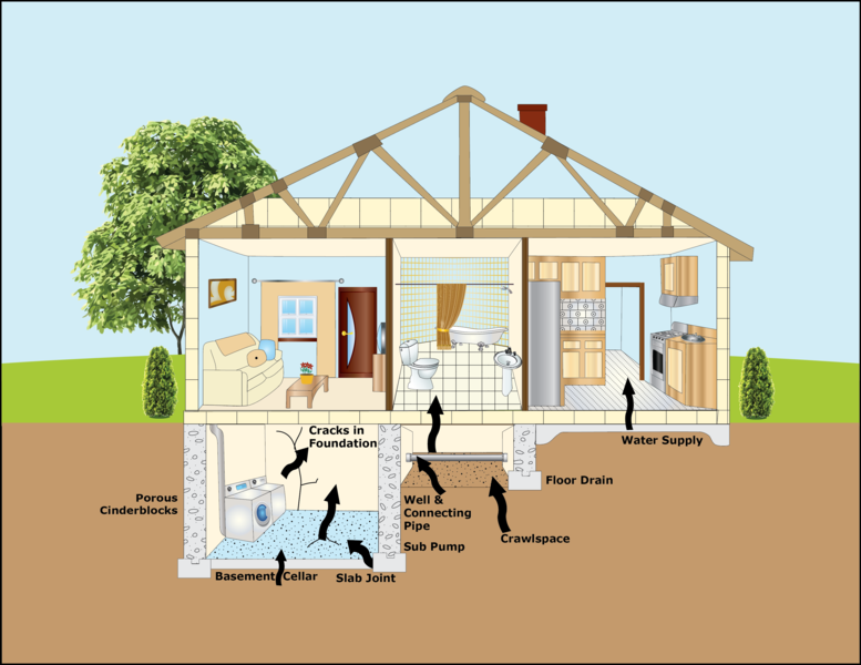 Diagram of radon entry points in a home
